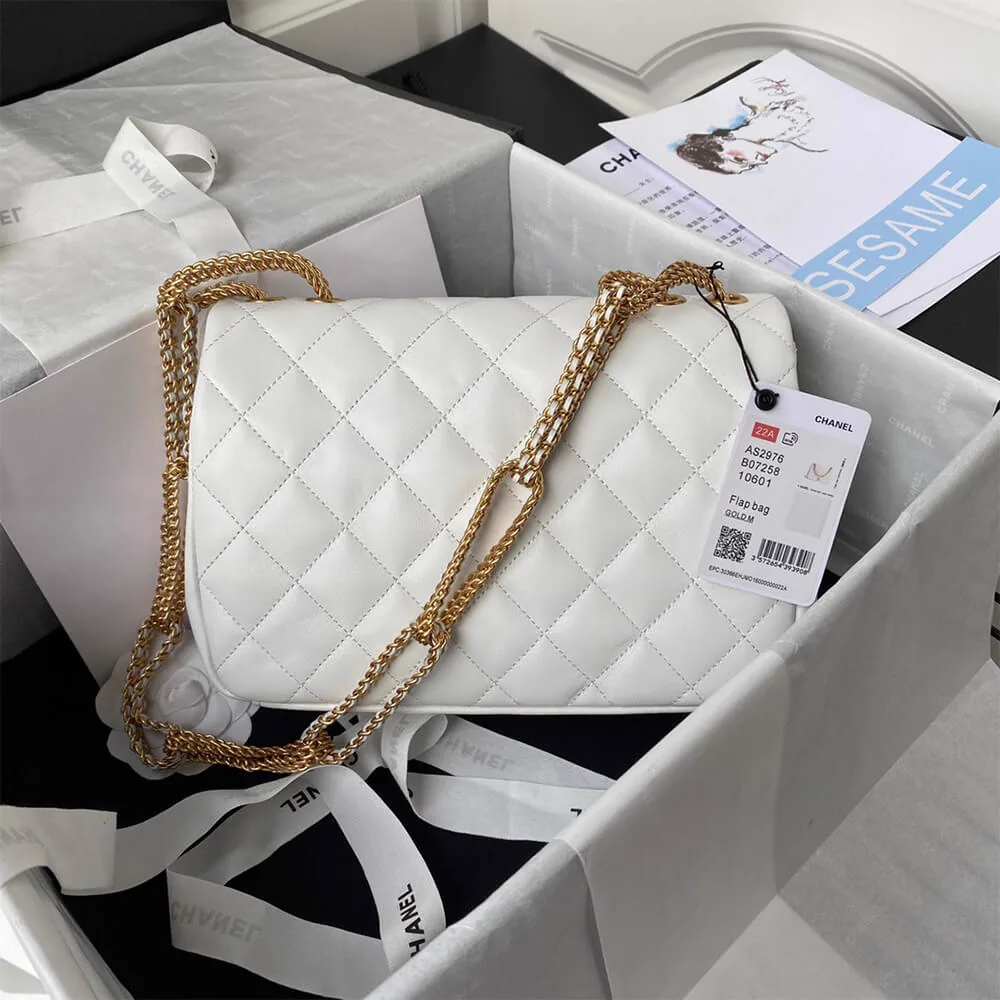 Reference image illustrating Replica Chanel Classic Flap Bag Medium Lambskin Gold Hardware White AS2976