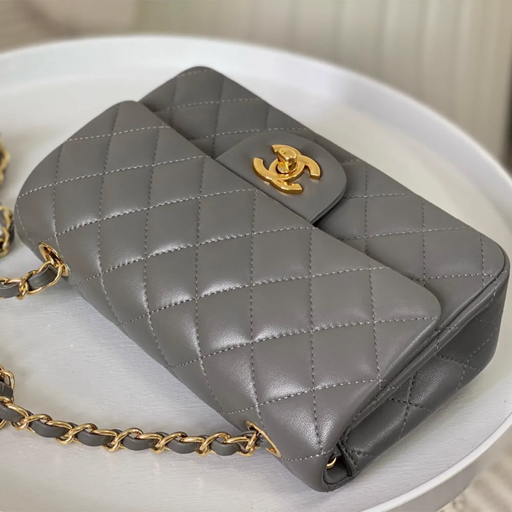 Reference image illustrating Replica Chanel Mini Flap Bag in Gray Lambskin with Gold-Tone Hardware (AS1116 Style)