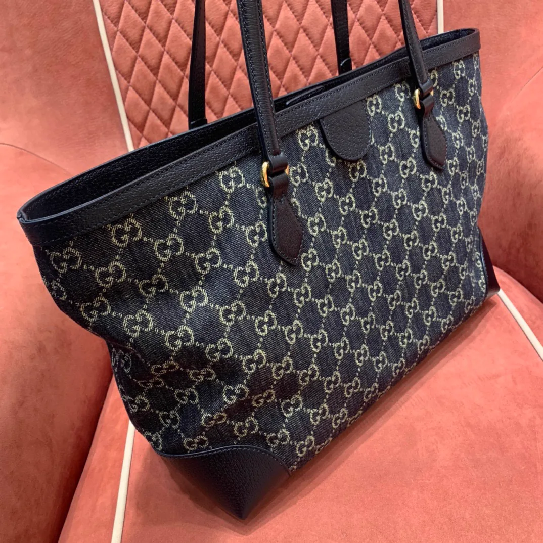 Reference image illustrating Replica Gucci Denim Tote Bag – Iconic Bucket Silhouette in Blue Denim