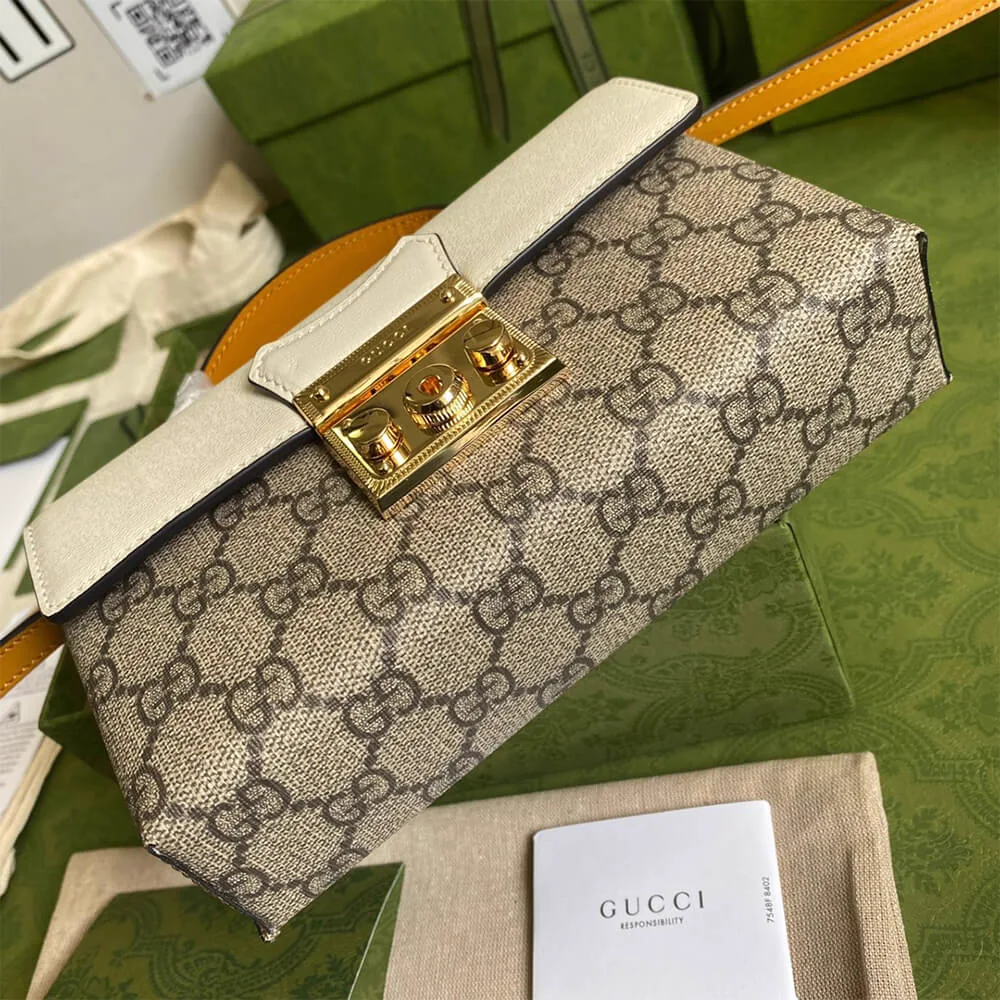 Reference image illustrating Replica Gucci GG Padlock Mini Bag in Beige and Ebony GG Supreme Canvas