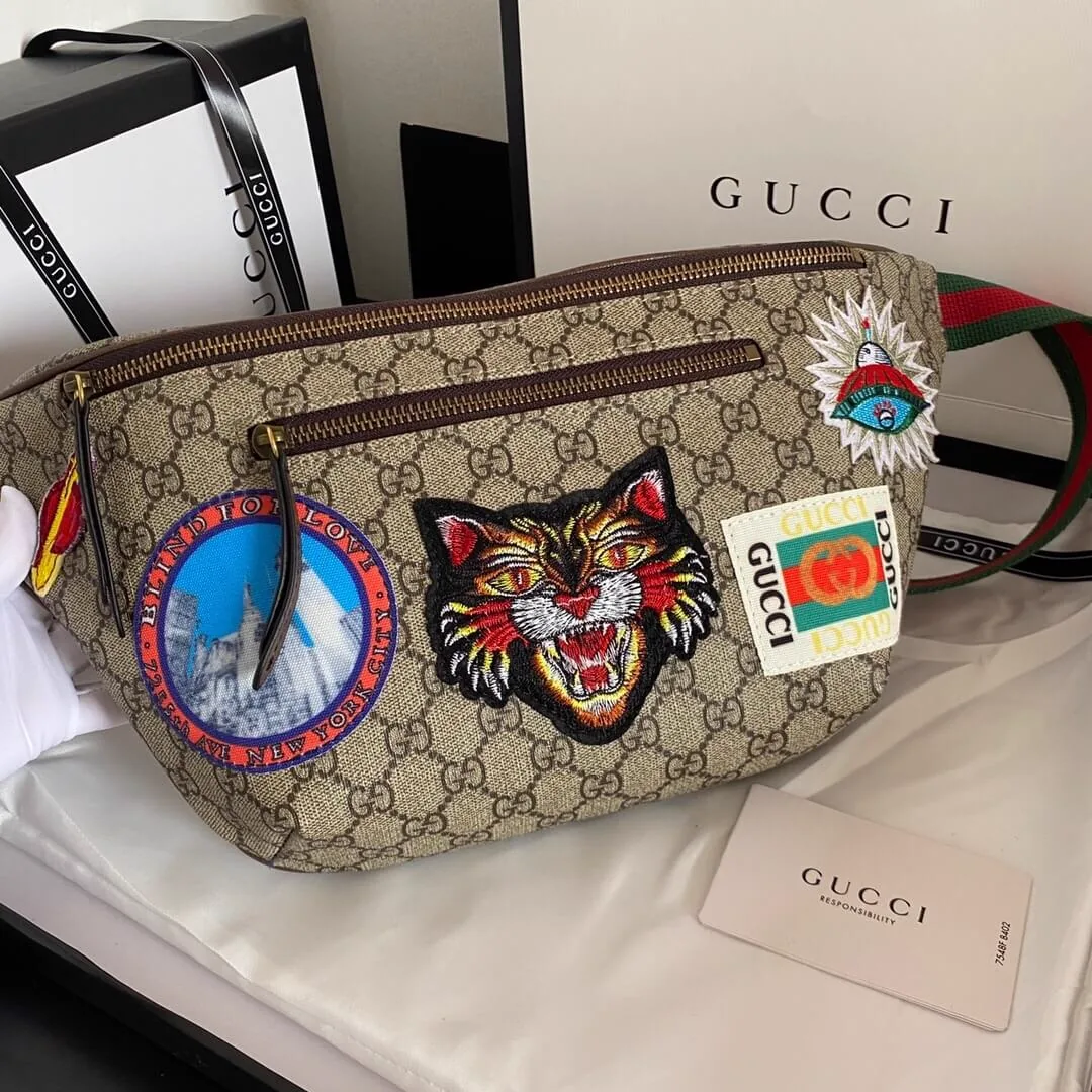 Reference image illustrating Replica Gucci GG Supreme Belt Bag 529711 – Iconic Crossbody in Beige and Ebony Canvas