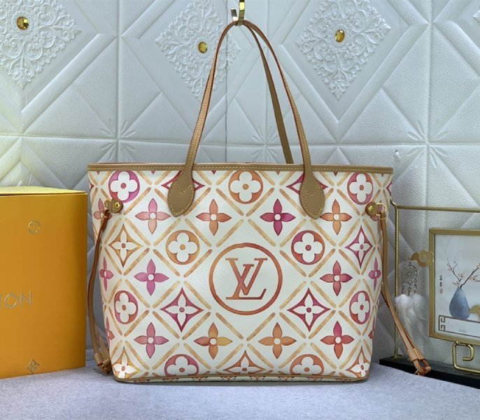 Replica Louis Vuitton LV By The Pool Monogram Tiles Canvas Neverfull MM Tote in Coral thumbnail