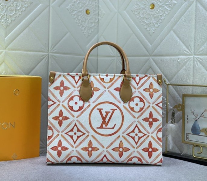 Replica Louis Vuitton LV By The Pool Monogram Tiles Canvas Onthego MM Tote In Coral thumbnail