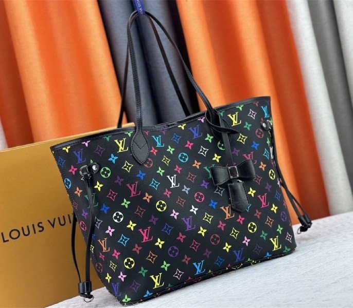 Reference image illustrating Replica Louis Vuitton x Takashi Murakami Multicolored Neverfull MM Black