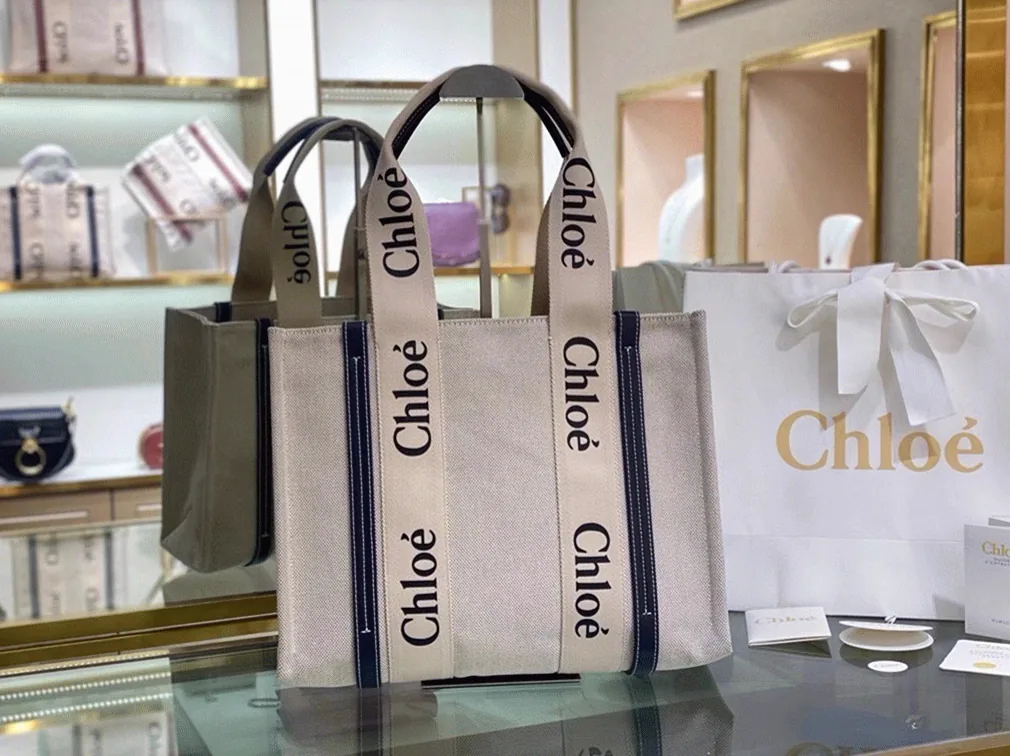 Replica Chloe Medium Woody Tote Bag in Canvas with Blue Leather Strips thumbnail