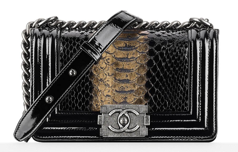 Reference image illustrating Chanel Fall 2014 Pre-Collection Bags: Python, Tweed, and Classic Flap Styles