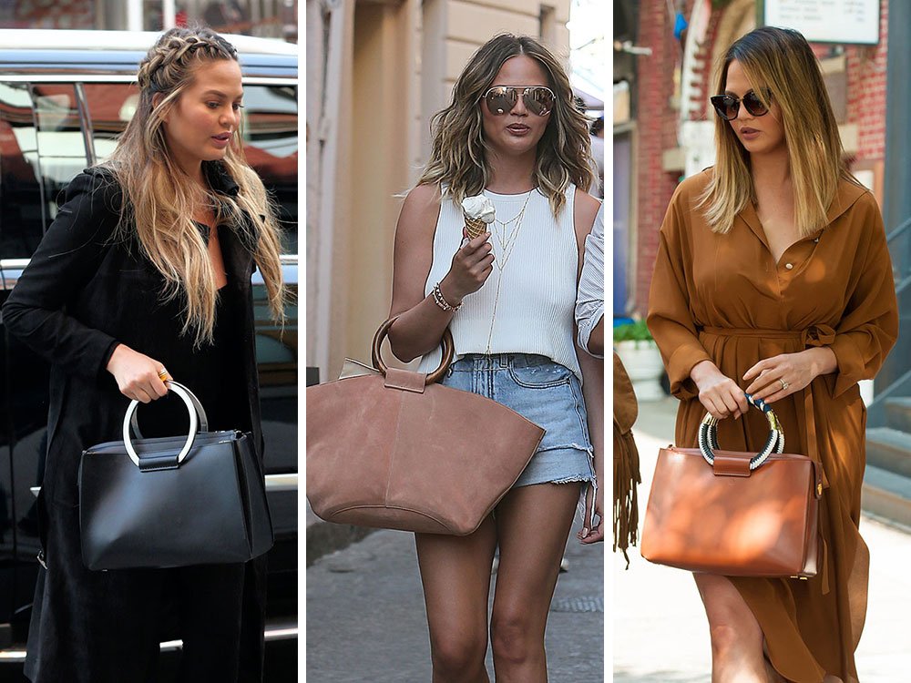 Reference image illustrating Chrissy Teigen’s Impressive The Row Handbag Collection: A Celebrity Style Breakdown