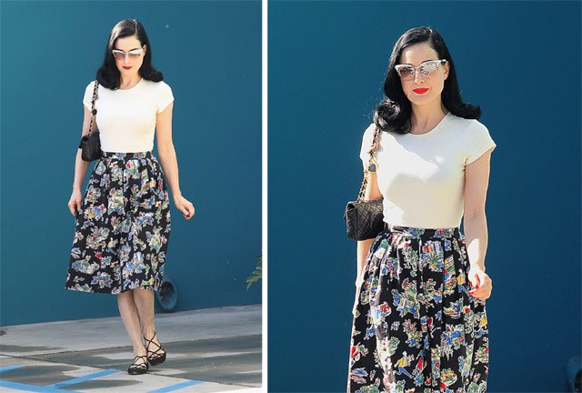 Reference image illustrating Dita Von Teese’s Post-Pilates Look: A Chanel Flap Bag and Impeccable Style
