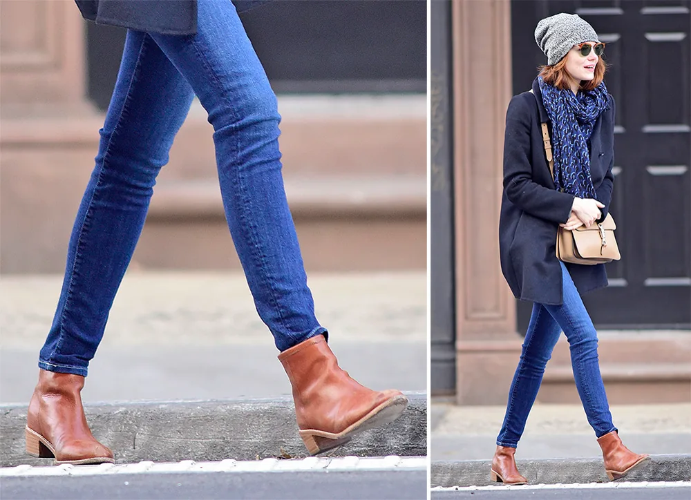 Reference image illustrating Emma Stone’s Understated Shoe Collection: Affordable Sandals, Booties & Sneakers for the Cool-Girl Wardrobe