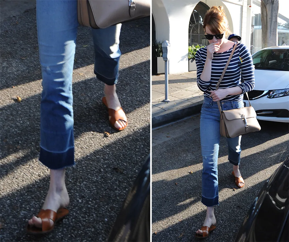 Reference image illustrating Emma Stone’s Understated Shoe Collection: Affordable Sandals, Booties & Sneakers for the Cool-Girl Wardrobe