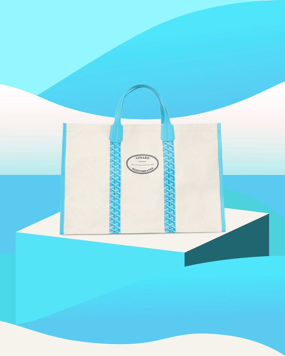 Reference image illustrating Goyard Into the Blue Collection: Caribbean Turquoise Artois, Belharra & Méditerranée Bags
