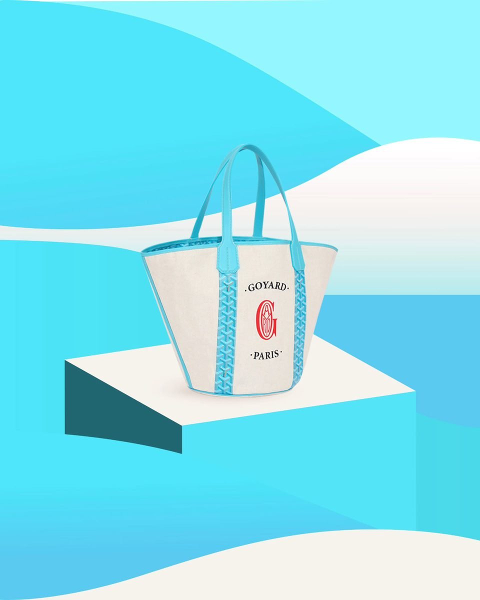 Reference image illustrating Goyard Into the Blue Collection: Caribbean Turquoise Artois, Belharra & Méditerranée Bags