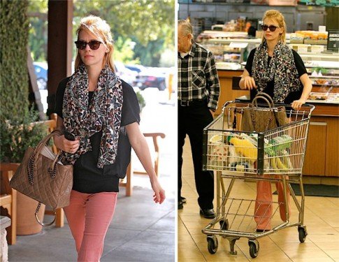January Jones Spotted with Chanel Chain-Handle Quilted Tote on a Grocery Run thumbnail