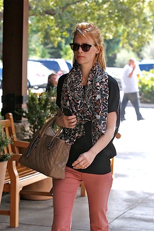 Reference image illustrating January Jones Spotted with Chanel Chain-Handle Quilted Tote on a Grocery Run