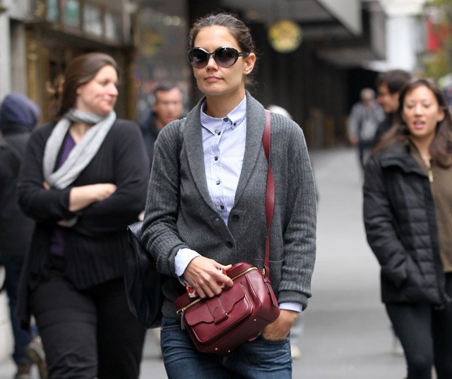 Reference image illustrating Katie Holmes Spotted in NYC with Her Burgundy Derek Lam Newton Camera Bag