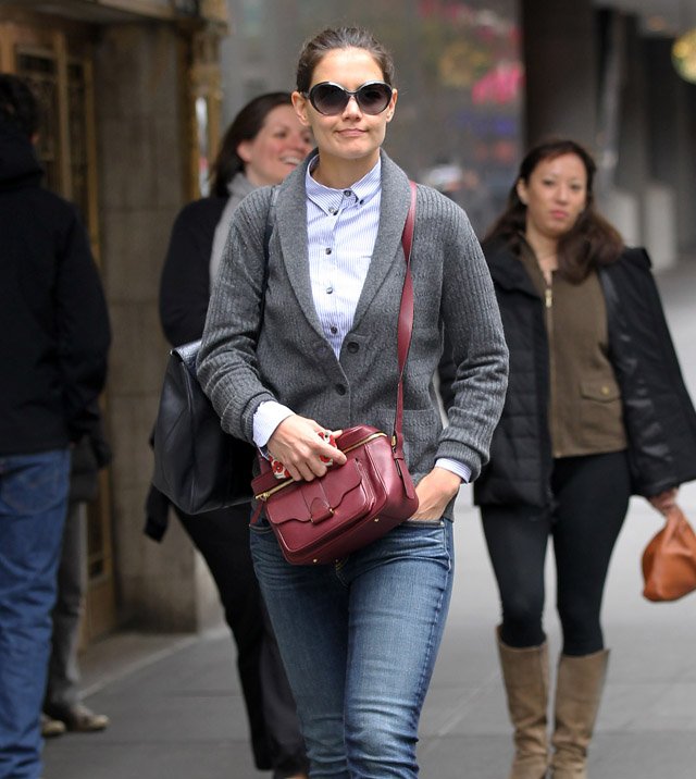 Reference image illustrating Katie Holmes Spotted in NYC with Her Burgundy Derek Lam Newton Camera Bag