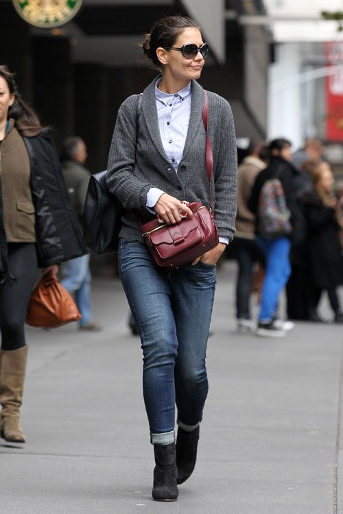 Reference image illustrating Katie Holmes Spotted in NYC with Her Burgundy Derek Lam Newton Camera Bag