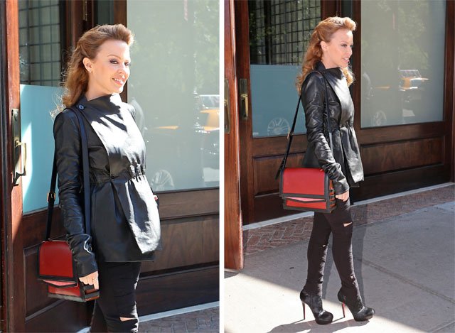 Reference image illustrating Kylie Minogue Pairs Christian Louboutin Booties with the Farida Messenger Bag