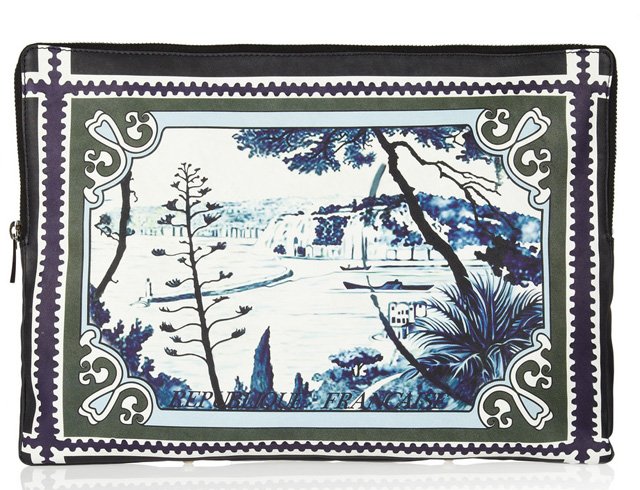 Reference image illustrating Mary Katrantzou Signature Prints Arrive on Luxe Leather Pouches and Clutches