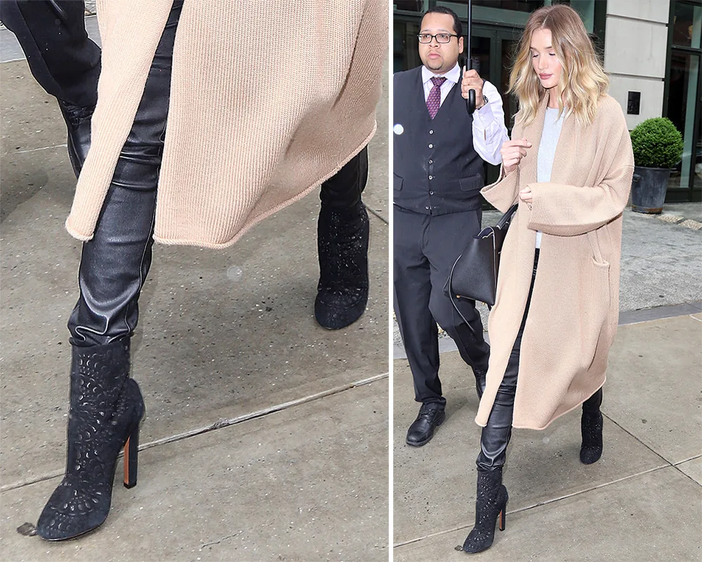 Reference image illustrating Rosie Huntington-Whiteley’s Designer Shoe Collection: Suede Boots & Sandals to Copy Now