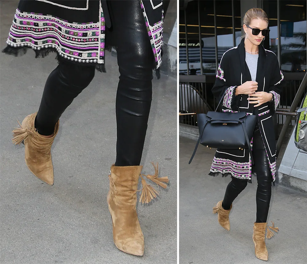 Reference image illustrating Rosie Huntington-Whiteley’s Designer Shoe Collection: Suede Boots & Sandals to Copy Now