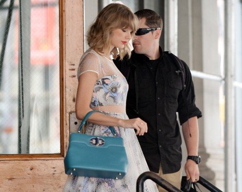 Taylor Swift Spotted in NYC with a Sky Blue Bvlgari Isabella Rossellini Bag thumbnail