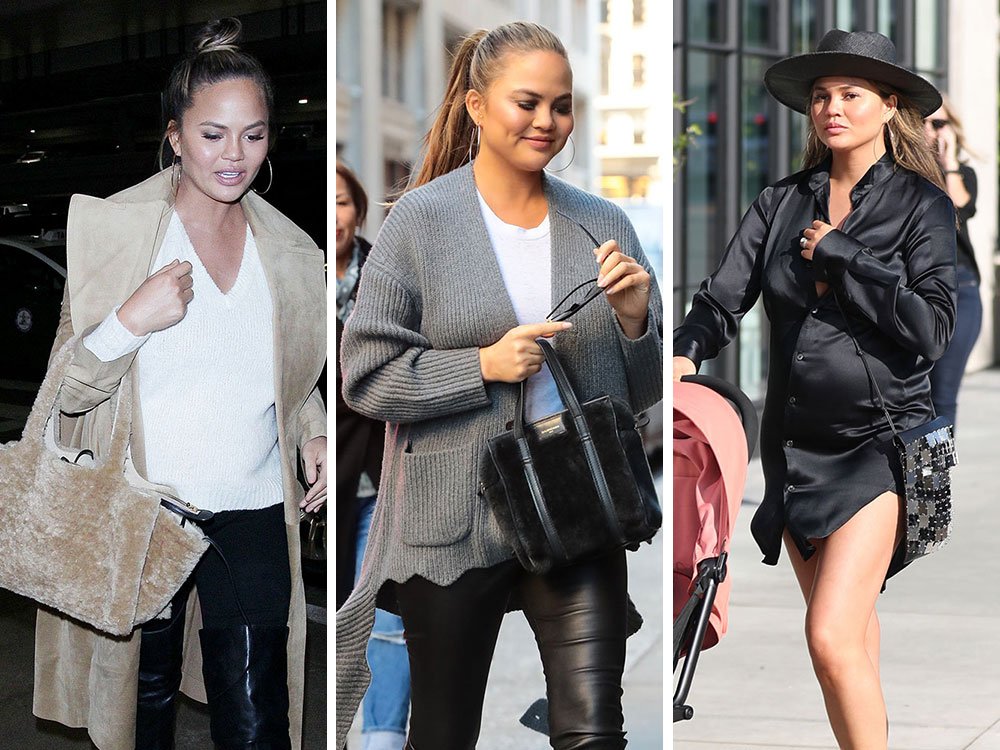 Reference image illustrating Chrissy Teigen’s Maternity Handbag Edit: Fuzzy, Chic, and Effortlessly Luxe