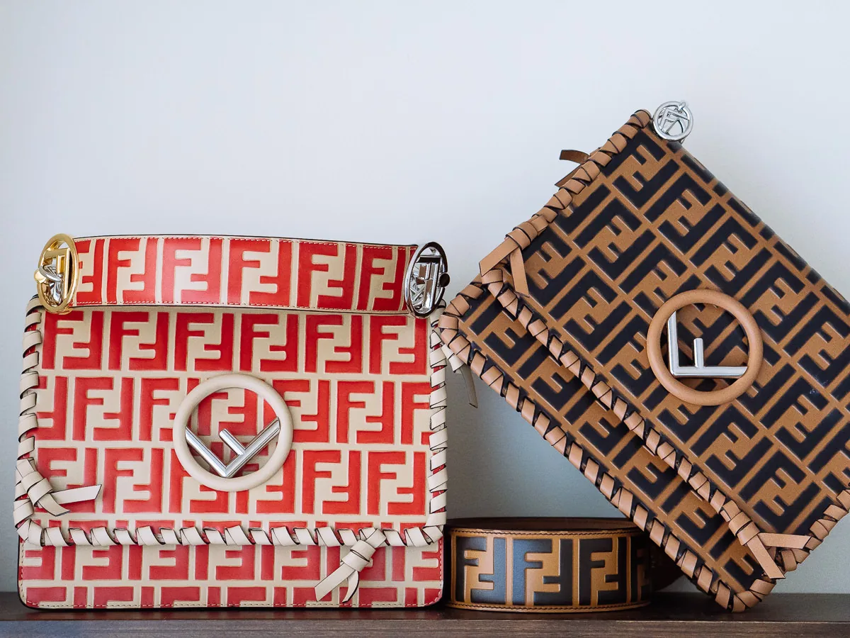 Reference image illustrating Fendi Kan I F Bag Spring 2018: All-Over Logo Leather with Whipstitch Details