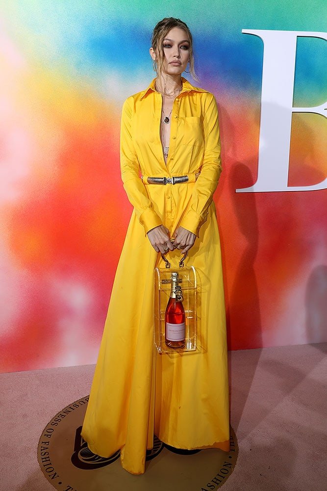 Reference image illustrating Gigi Hadid’s Brandon Maxwell Champagne Box Bag: The Ultimate Fashion-Forward BYOB Accessory