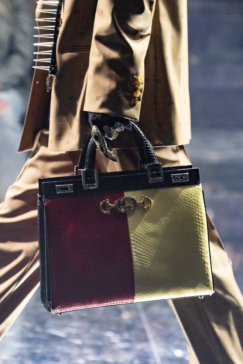 Reference image illustrating Gucci Fall 2019 Runway Bags: First Look at New Sylvie, Rajah Tote & Silk-Wrapped Flap Styles