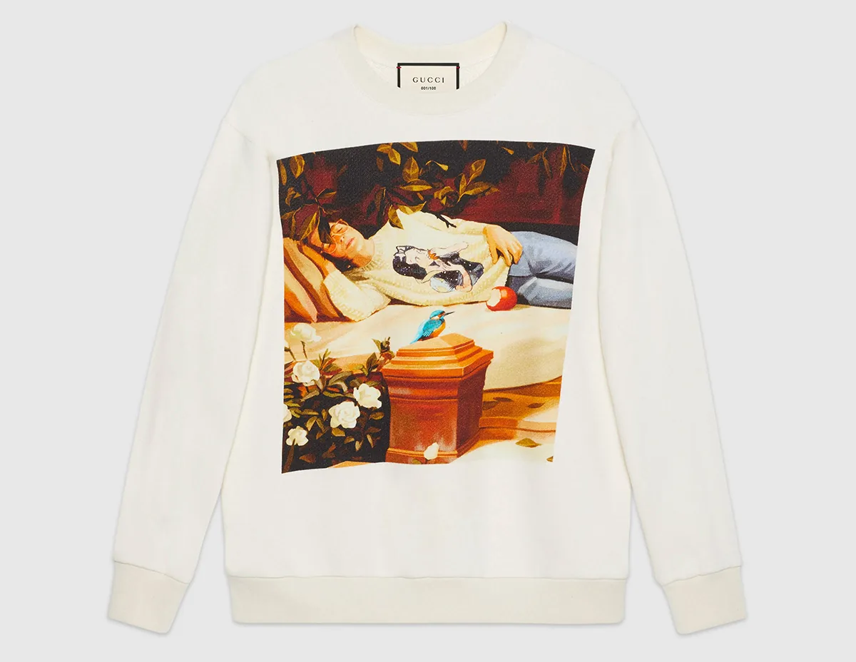 Reference image illustrating Gucci #GUCCIHALLUCINATION Limited Edition Collection: Art-Inspired Shirts and Sweatshirts Drop on Gucci.com