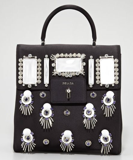 Reference image illustrating Prada Fall 2012 Handbag Collection: Embellished Totes, Jeweled Clutches & Floral Appliques