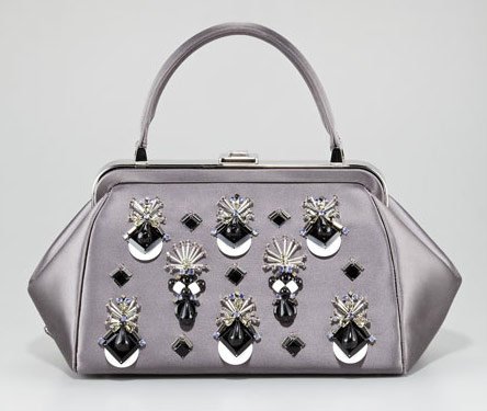 Reference image illustrating Prada Fall 2012 Handbag Collection: Embellished Totes, Jeweled Clutches & Floral Appliques