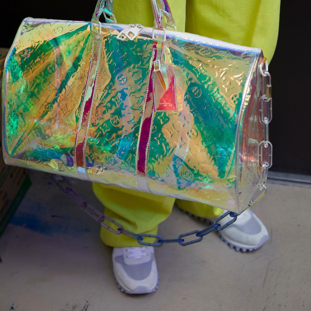 Reference image illustrating Virgil Abloh's Louis Vuitton Debut: Holographic Keepall Bag Preview