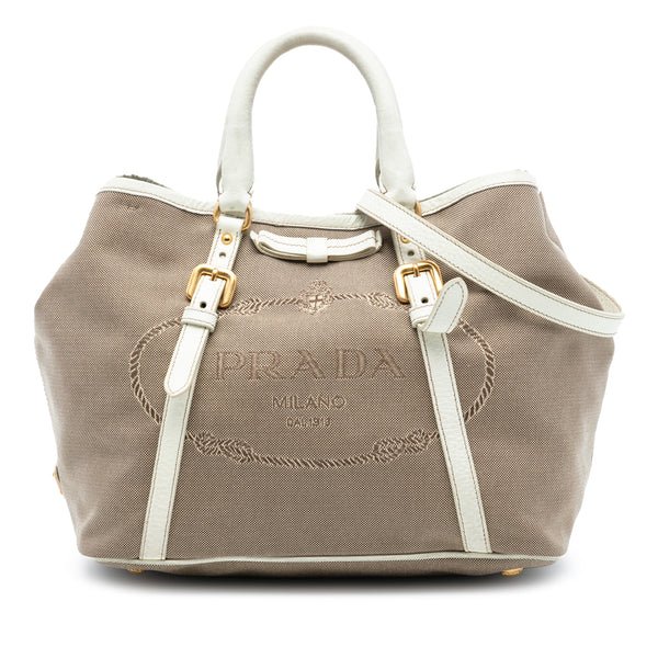 Reference image illustrating Prada Logo Convertible Tote Canvas with Leather Medium: A Comprehensive Review